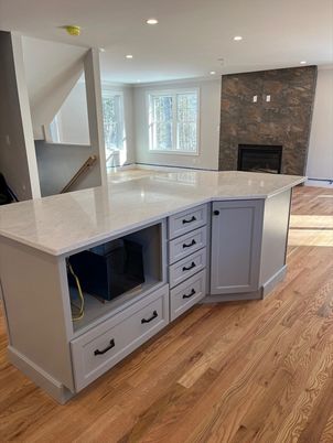 Fireplace, Interior, Kitchen, Recessed Lighting, Stone Walls, Wood Texture Flooring