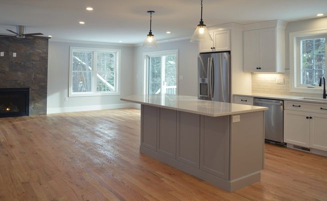 Fireplace, Interior, Kitchen, Pendant Lights, Recessed Lighting, Stainless Steel Appliances, Wood Texture Flooring
