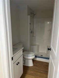 Bathroom, Glass Shower, Interior, Wood Texture Flooring