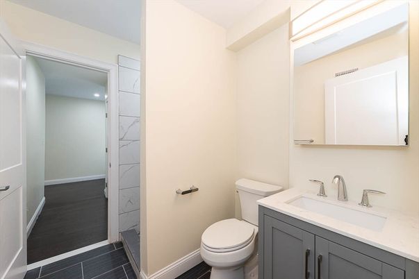 Bathroom, Interior, Marble, Marble Walls, Recessed Lighting, Wood Texture Flooring