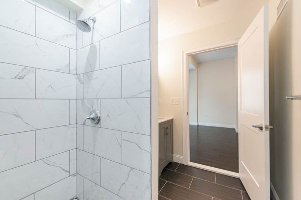 Bathroom, Interior, Marble Walls, Wood Texture Flooring