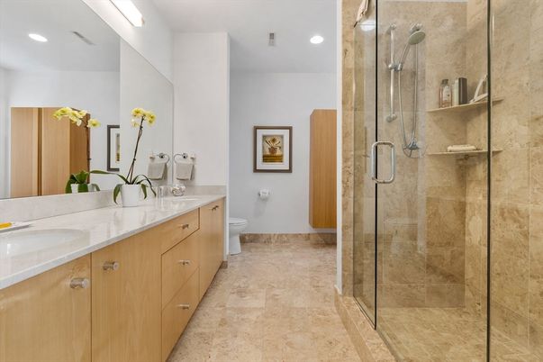 Bathroom, Dual Sink Vanities, Glass Shower, Interior, Recessed Lighting
