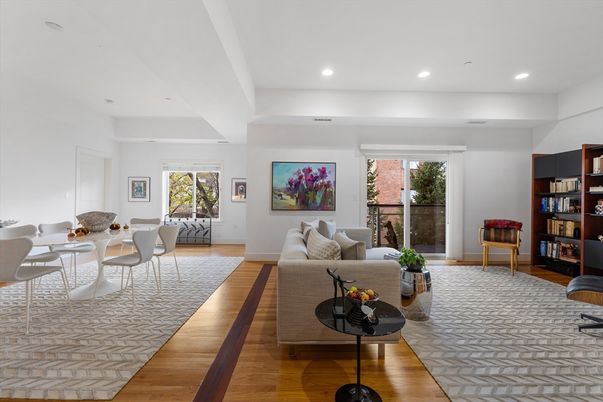 Dining room, Interior, Living room, Recessed Lighting, Wood Texture Flooring
