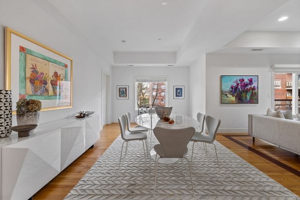Dining room, Interior, Recessed Lighting, Wood Texture Flooring
