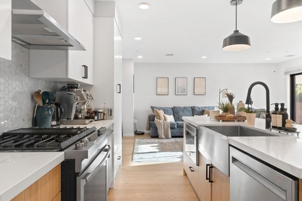 Interior, Kitchen, Living room, Pendant Lights, Recessed Lighting, Stainless Steel Appliances, Wood Texture Flooring