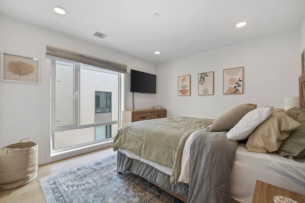 Bedroom, Interior, Recessed Lighting, Wood Texture Flooring