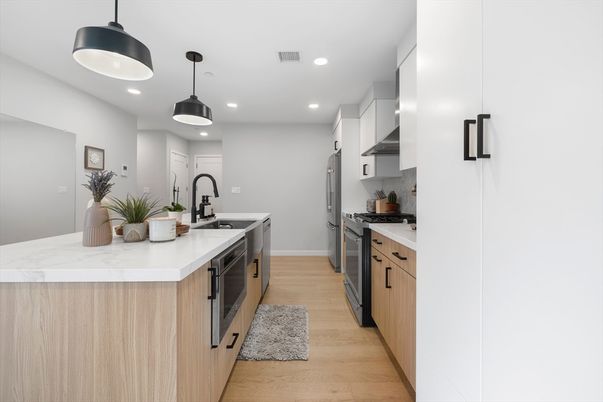 Interior, Kitchen, Pendant Lights, Recessed Lighting, Stainless Steel Appliances, Wood Texture Flooring
