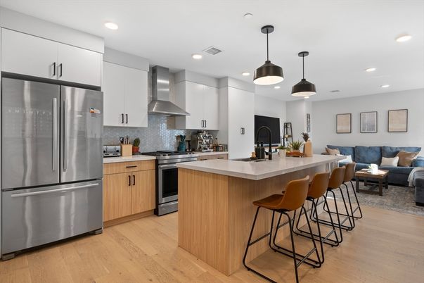 Interior, Kitchen, Living room, Pendant Lights, Recessed Lighting, Stainless Steel Appliances, Wood Texture Flooring