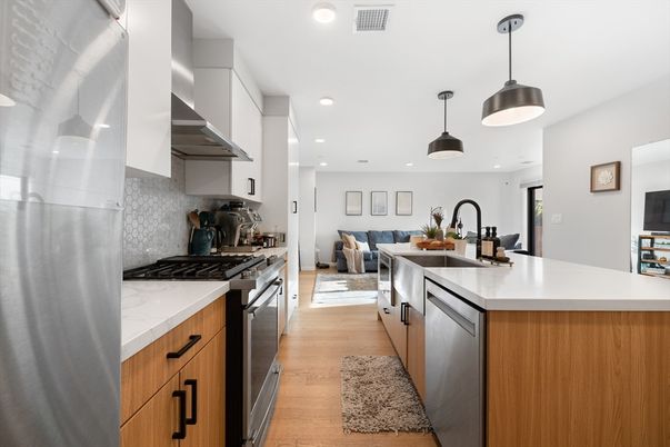 Dining room, Interior, Kitchen, Living room, Pendant Lights, Recessed Lighting, Stainless Steel Appliances, Wood Texture Flooring