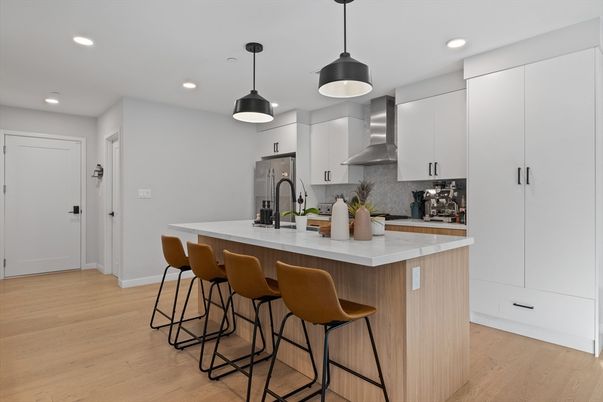 Interior, Kitchen, Pendant Lights, Recessed Lighting, Stainless Steel Appliances, Wood Texture Flooring