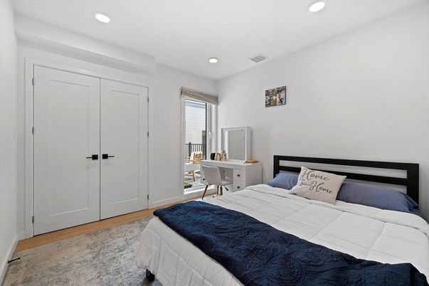 Bedroom, Interior, Recessed Lighting, Wood Texture Flooring