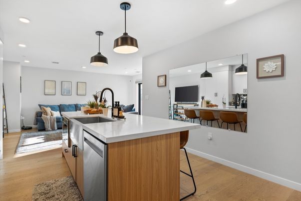 Interior, Kitchen, Living room, Pendant Lights, Recessed Lighting, Wood Texture Flooring