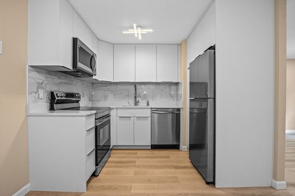 Interior, Kitchen, Marble Walls, Stainless Steel Appliances, Wood Texture Flooring