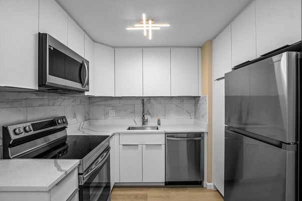 Interior, Kitchen, Marble Walls, Stainless Steel Appliances, Wood Texture Flooring