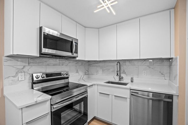 Interior, Kitchen, Marble Walls, Stainless Steel Appliances, Wood Texture Flooring