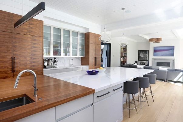 Fireplace, Interior, Kitchen, Living room, Pendant Lights, Wood Texture Flooring