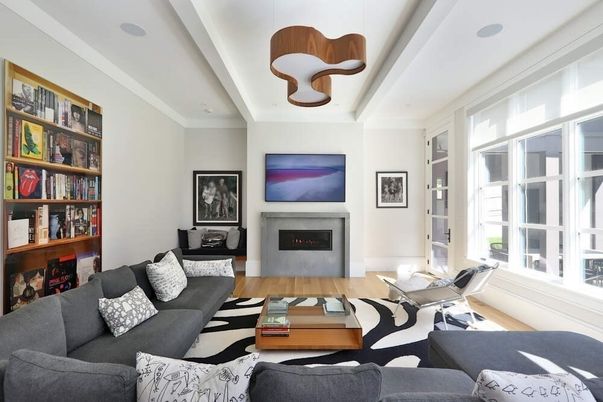 Fireplace, Interior, Living room, Pendant Lights, Wood Texture Flooring