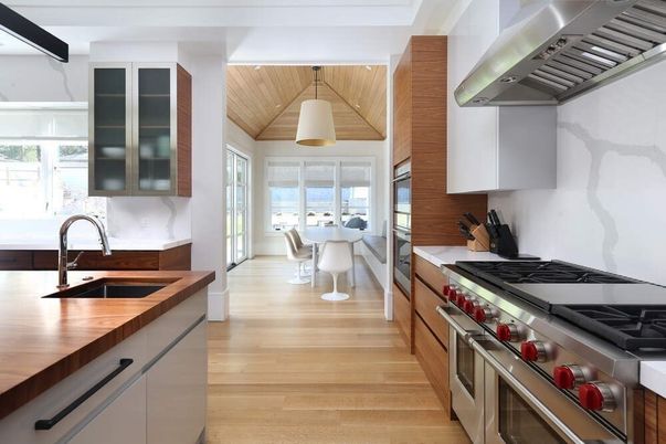 Dining room, Interior, Kitchen, Pendant Lights, Stainless Steel Appliances, Wooden Ceilings, Wood Texture Flooring