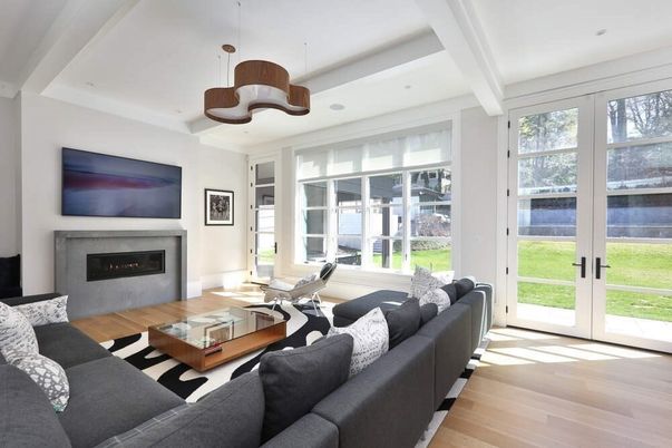 Fireplace, Interior, Living room, Pendant Lights, Recessed Lighting, Wood Texture Flooring