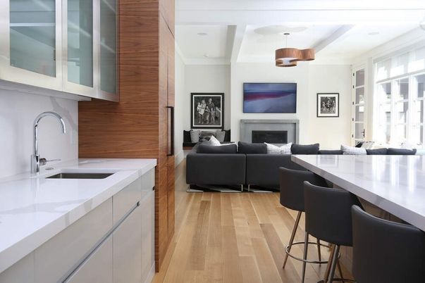 Fireplace, Interior, Kitchen, Living room, Pendant Lights, Recessed Lighting, Wood Texture Flooring