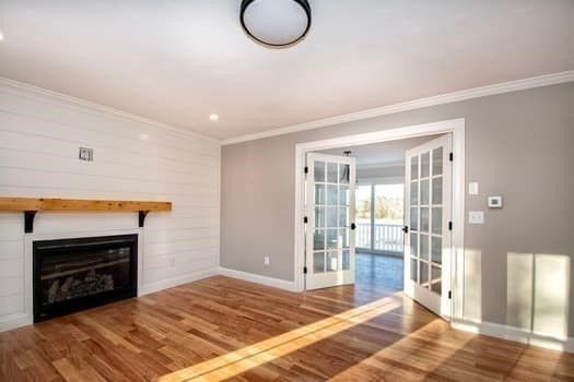 Empty room, Fireplace, Interior, Recessed Lighting, Wood Texture Flooring