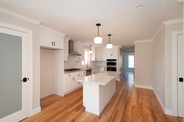 Interior, Kitchen, Pendant Lights, Recessed Lighting, Stainless Steel Appliances, Wood Texture Flooring