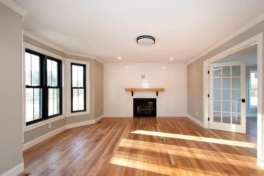 Empty room, Fireplace, Interior, Recessed Lighting, Wood Texture Flooring