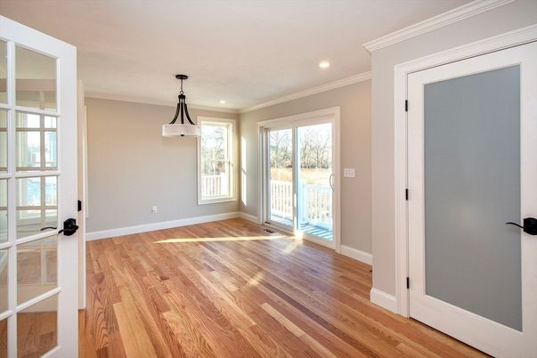 Empty room, Interior, Pendant Lights, Recessed Lighting, Wood Texture Flooring