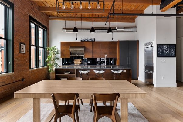 Dining room, Interior, Kitchen, Pendant Lights, Stainless Steel Appliances, Stone Walls, Wooden Beams, Wood Texture Flooring
