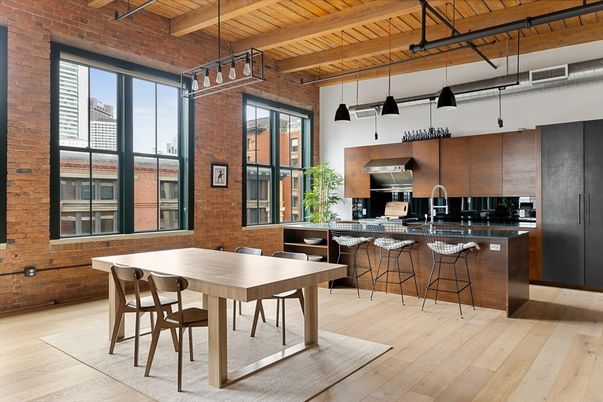 Dining room, Interior, Kitchen, Pendant Lights, Stainless Steel Appliances, Stone Walls, Wooden Beams, Wooden Ceilings, Wood Texture Flooring