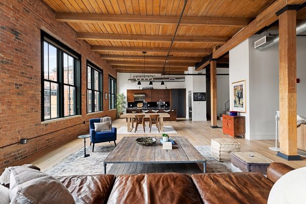 Dining room, Interior, Kitchen, Living room, Pendant Lights, Stainless Steel Appliances, Stone Walls, Wooden Beams, Wooden Ceilings, Wood Texture Flooring
