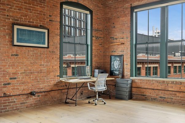 Home Office, Interior, Stone Walls, Wood Texture Flooring