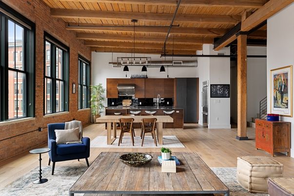 Interior, Kitchen, Living room, Pendant Lights, Stainless Steel Appliances, Stone Walls, Wooden Beams, Wooden Ceilings, Wood Texture Flooring