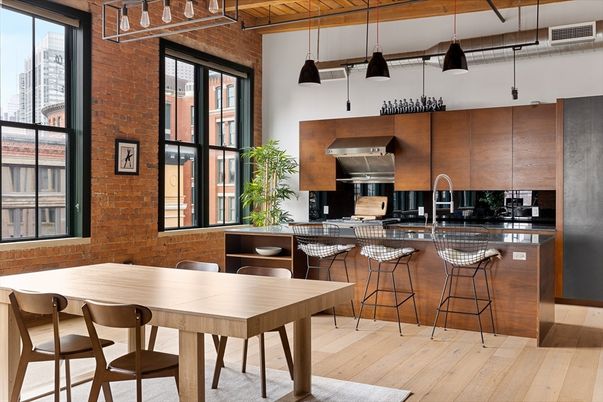 Dining room, Interior, Kitchen, Pendant Lights, Stainless Steel Appliances, Stone Walls, Wood Texture Flooring