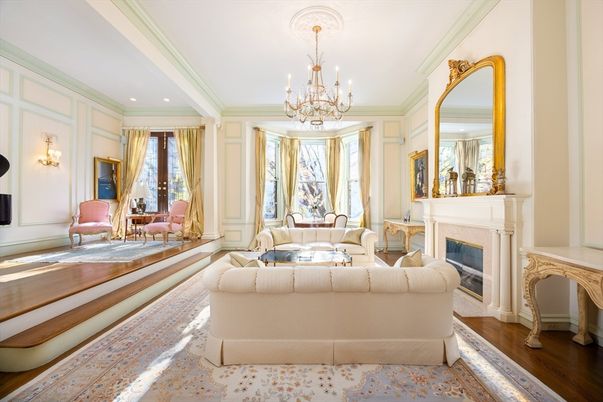 Chandelier, Fireplace, Interior, Living room, Recessed Lighting, Wood Texture Flooring