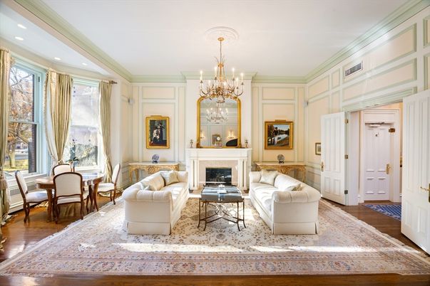 Chandelier, Dining room, Fireplace, Interior, Living room, Recessed Lighting, Wood Texture Flooring