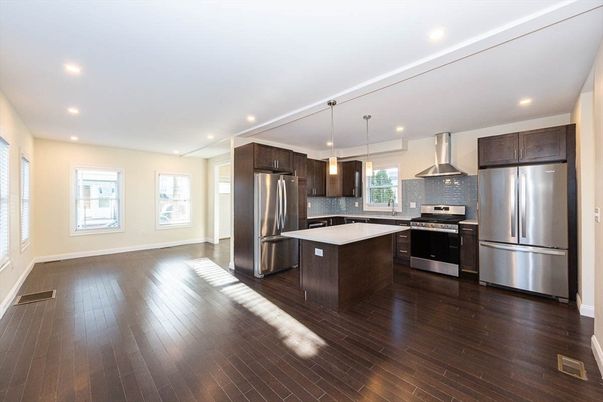 Interior, Kitchen, Pendant Lights, Recessed Lighting, Stainless Steel Appliances, Wood Texture Flooring