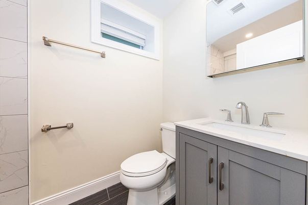 Bathroom, Interior, Marble Walls, Recessed Lighting, Wood Texture Flooring