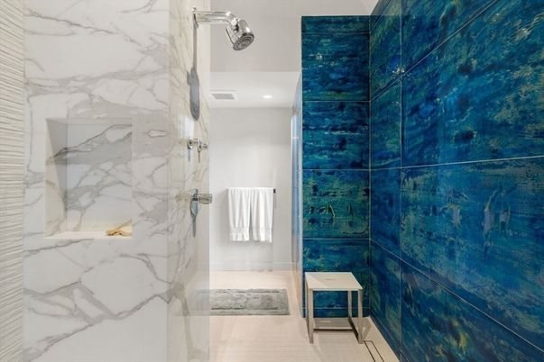 Bathroom, Glass Shower, Interior, Marble Walls, Recessed Lighting
