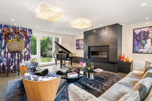 Chandelier, Fireplace, Interior, Living room, Piano, Recessed Lighting, Wood Texture Flooring
