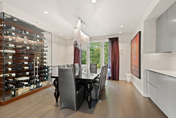 Chandelier, Dining room, Interior, Recessed Lighting, Wine Storage, Wood Texture Flooring