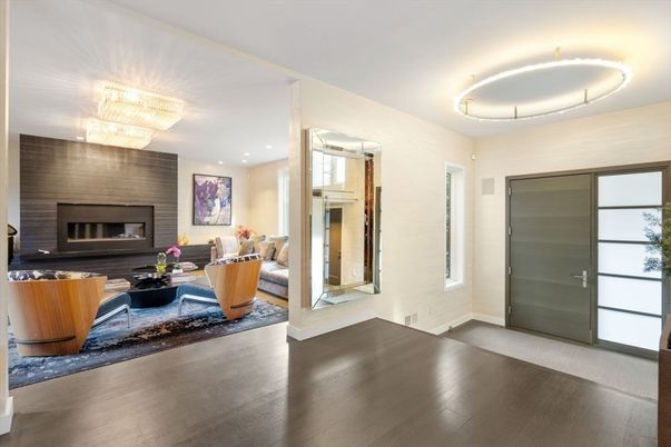 Chandelier, Fireplace, Interior, Living room, Recessed Lighting, Wood Texture Flooring