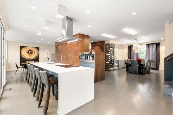 Dining room, Interior, Kitchen, Recessed Lighting, Stainless Steel Appliances, Wine Storage, Wood Texture Flooring