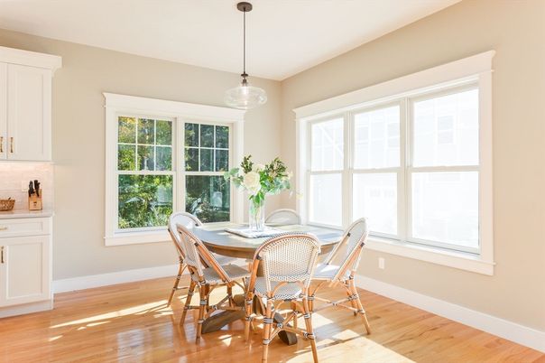 Dining room, Interior, Pendant Lights, Wood Texture Flooring