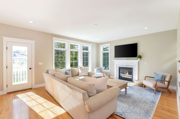 Fireplace, Interior, Living room, Recessed Lighting, Wood Texture Flooring