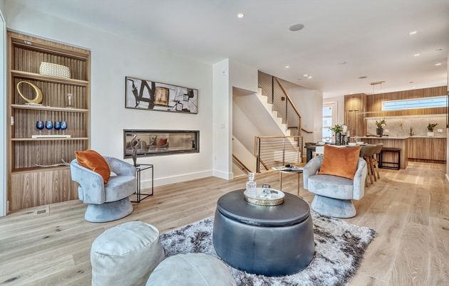 Interior, Kitchen, Living room, Pendant Lights, Recessed Lighting, Wood Texture Flooring