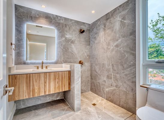 Bathroom, Interior, Marble Walls, Recessed Lighting
