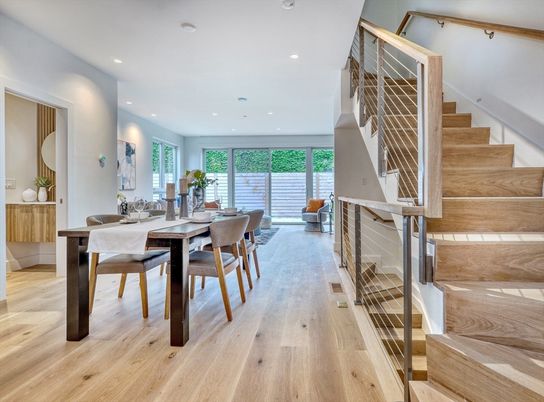 Dining room, Interior, Recessed Lighting, Wood Texture Flooring