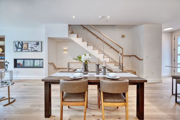 Dining room, Interior, Recessed Lighting, Wood Texture Flooring