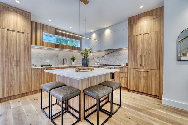 Interior, Kitchen, Marble Walls, Pendant Lights, Recessed Lighting, Wood Texture Flooring